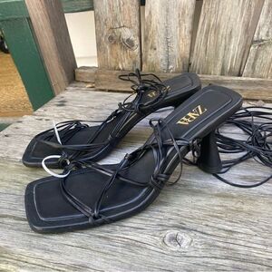 Zara black tied heel leather sandals size 7